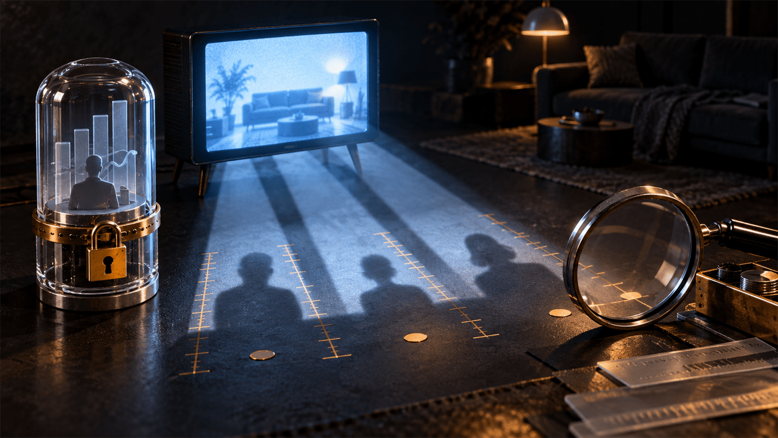 A miniature television casts three audience shadows across measurement marks while a sealed analytics capsule and inspection loupe show the audit gap in co-viewing estimates.