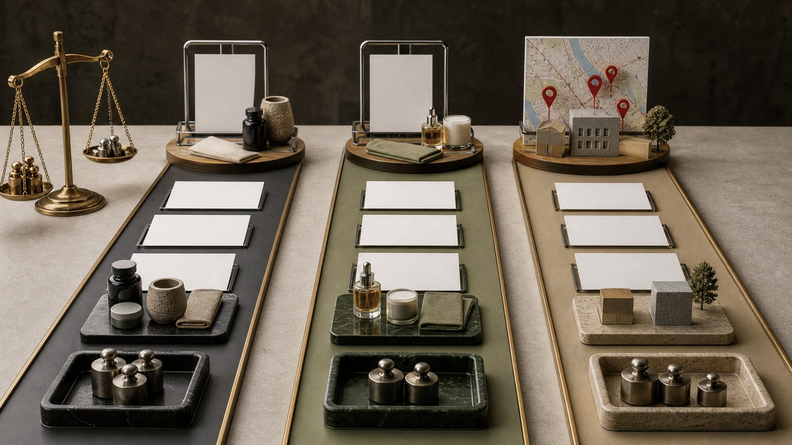 A studio tabletop model showing video discovery paths, product feed objects, local map pins and checkout tiles being sorted into channel lanes.