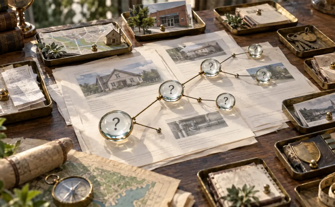 Glass question lenses branch across local service-page evidence sheets, maps and proof trays for a content-gap audit.