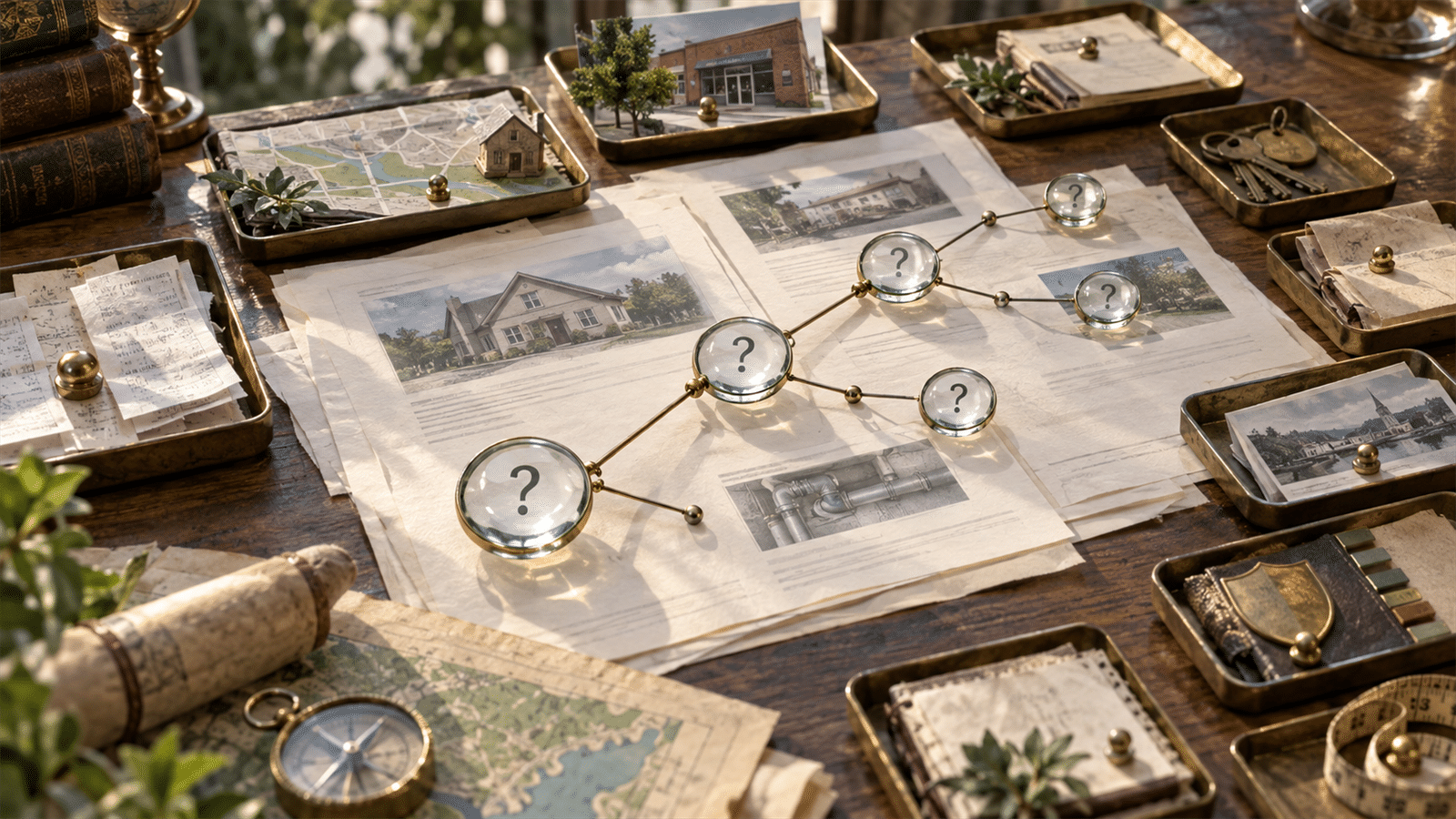 Glass question lenses branch across local service-page evidence sheets, maps and proof trays for a content-gap audit.