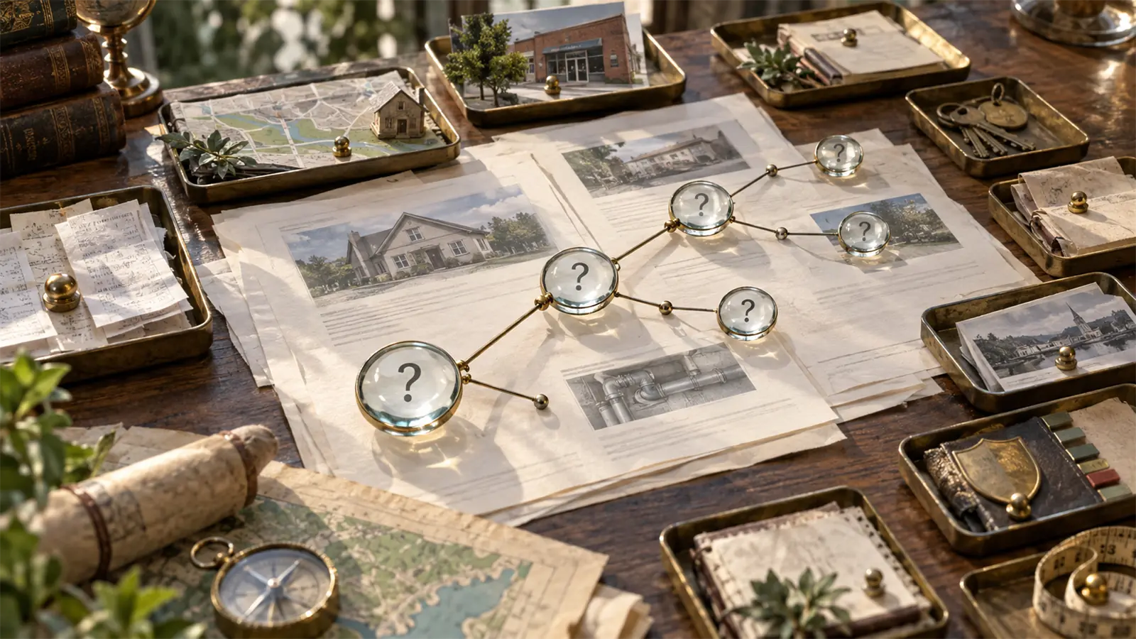 Glass question lenses branch across local service-page evidence sheets, maps and proof trays for a content-gap audit.