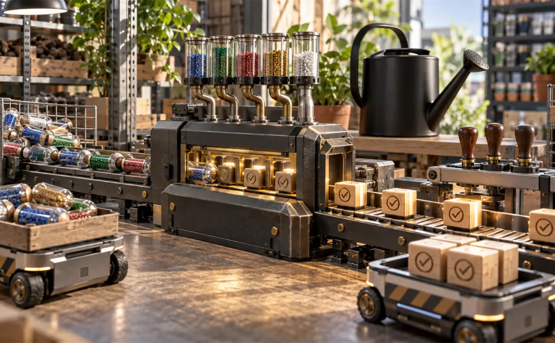 A workshop machine turns colored data capsules into approved wooden action blocks beside retail shelf tokens and small carts.