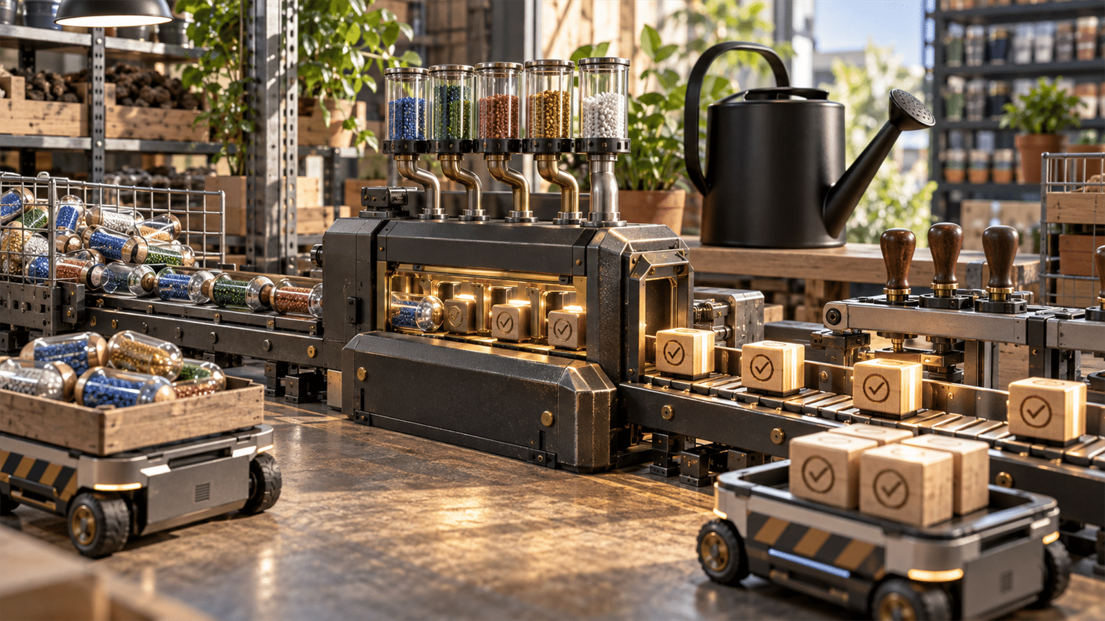 A workshop machine turns colored data capsules into approved wooden action blocks beside retail shelf tokens and small carts.