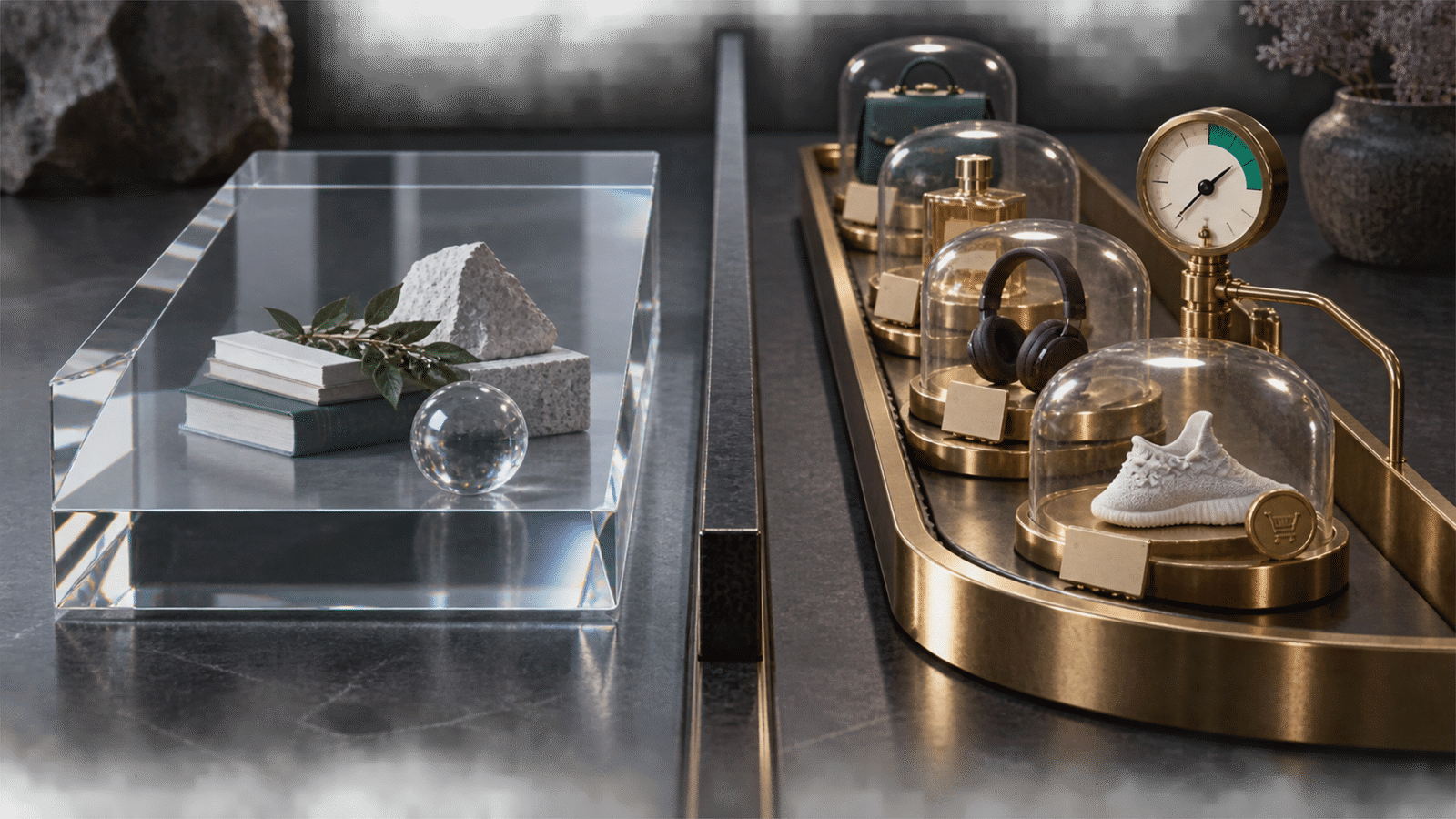 A glass answer pane sits apart from a brass paid-placement rail with product capsules, price tokens and an accuracy gauge.