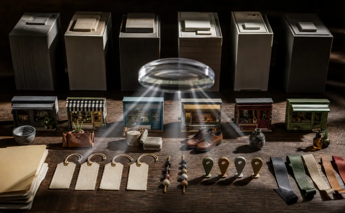 Small boutique storefront miniatures and product objects sit in front of tall anonymous retail blocks while a transparent assistant lens redirects light toward the smaller stores.
