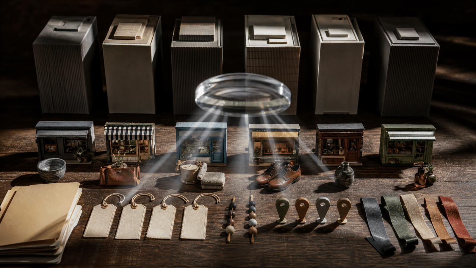 Small boutique storefront miniatures and product objects sit in front of tall anonymous retail blocks while a transparent assistant lens redirects light toward the smaller stores.