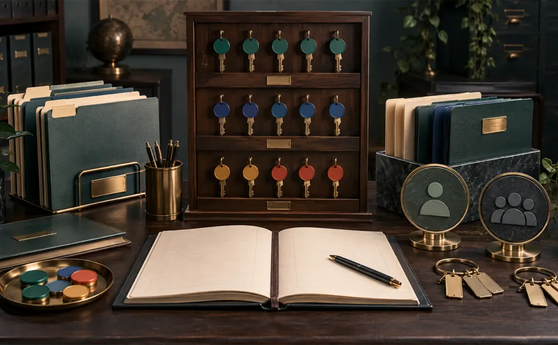 A wooden access cabinet holds colored brass keys beside blank folders, an open ledger and role symbols for analytics permissions.