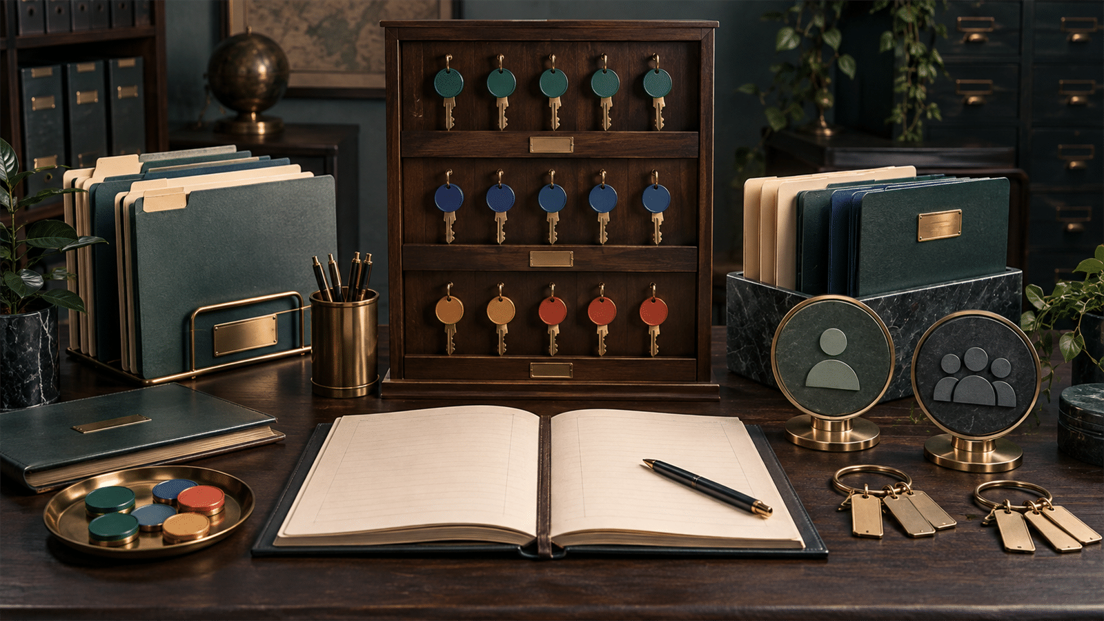 A wooden access cabinet holds colored brass keys beside blank folders, an open ledger and role symbols for analytics permissions.
