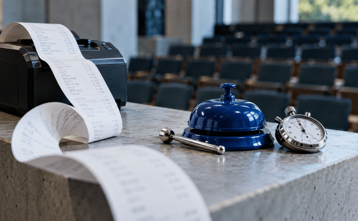 A blue auction bell and mechanical timer sit beside a curling stream of sales receipts in an empty auction hall.