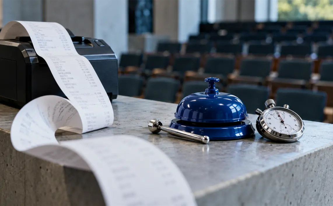 A blue auction bell and mechanical timer sit beside a curling stream of sales receipts in an empty auction hall.