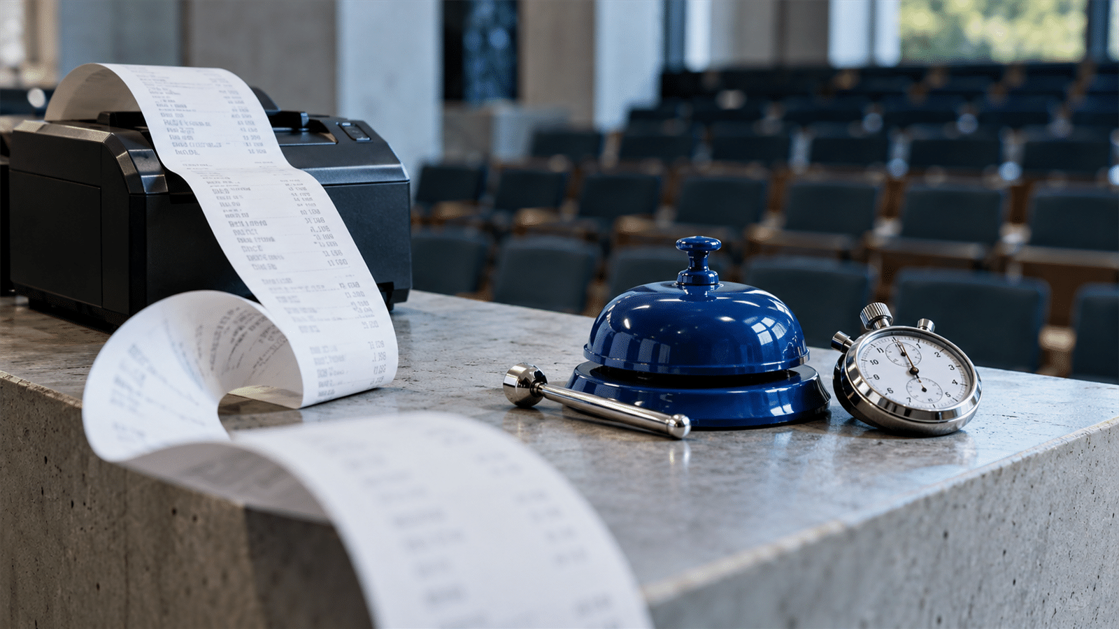 A blue auction bell and mechanical timer sit beside a curling stream of sales receipts in an empty auction hall.
