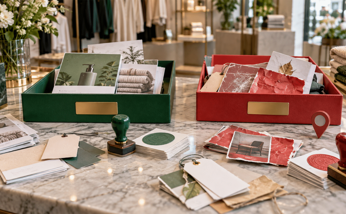 A retail counter with green and red offer trays, coupon cards, approval stamps and a location pin arranged for automated promotion review.