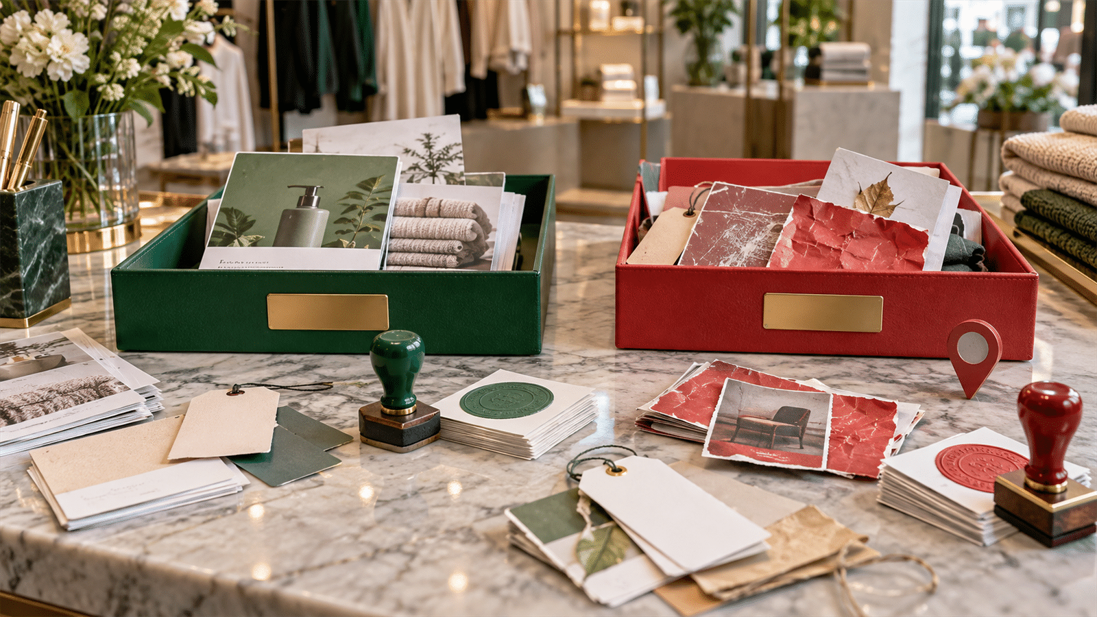A retail counter with green and red offer trays, coupon cards, approval stamps and a location pin arranged for automated promotion review.