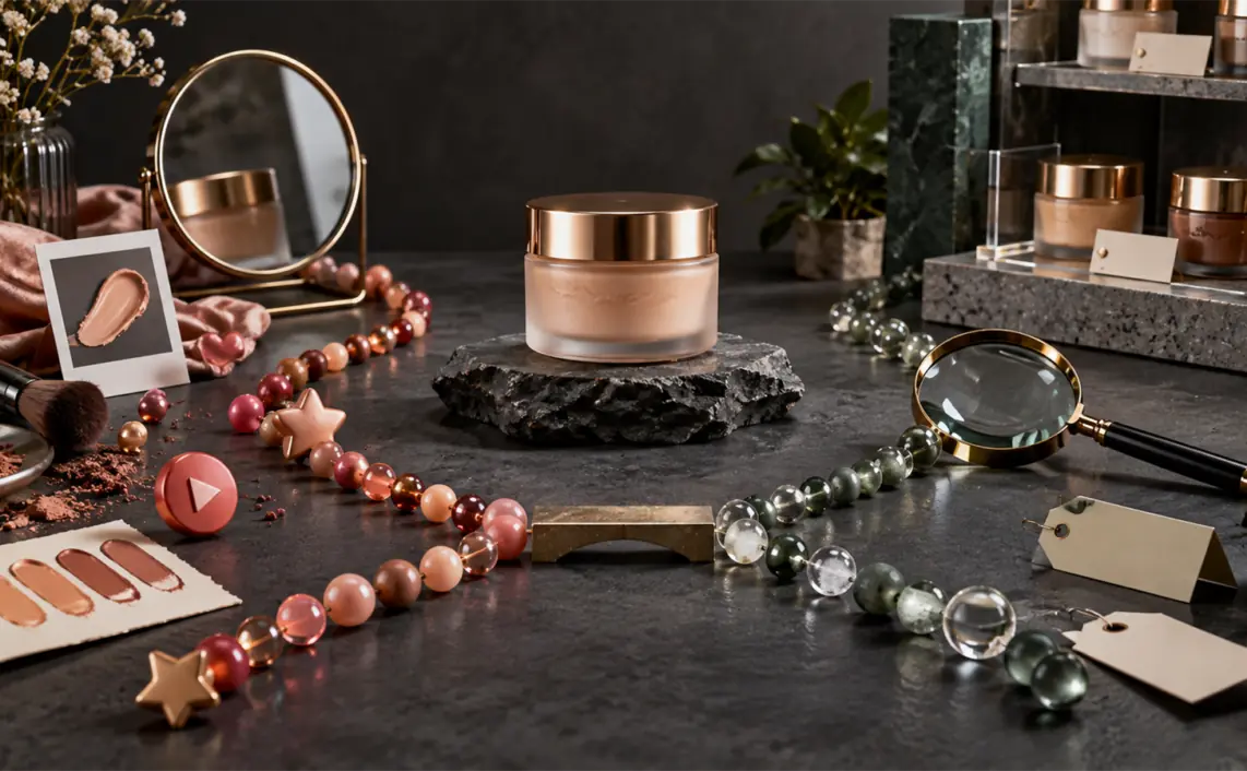 A cosmetic jar, color swatches, beads, a mirror and a magnifying lens form two paths from social discovery to search verification.