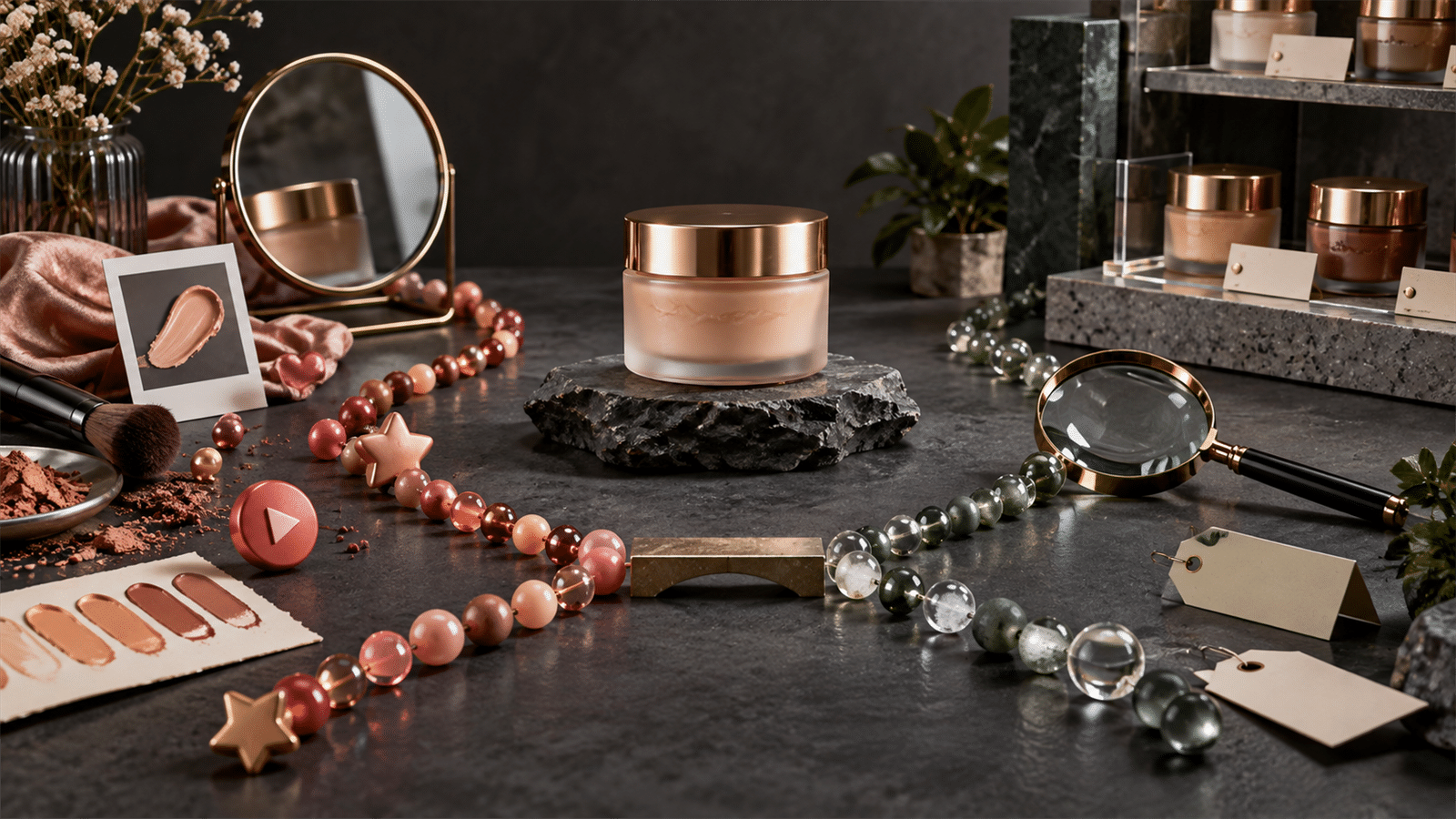 A cosmetic jar, color swatches, beads, a mirror and a magnifying lens form two paths from social discovery to search verification.