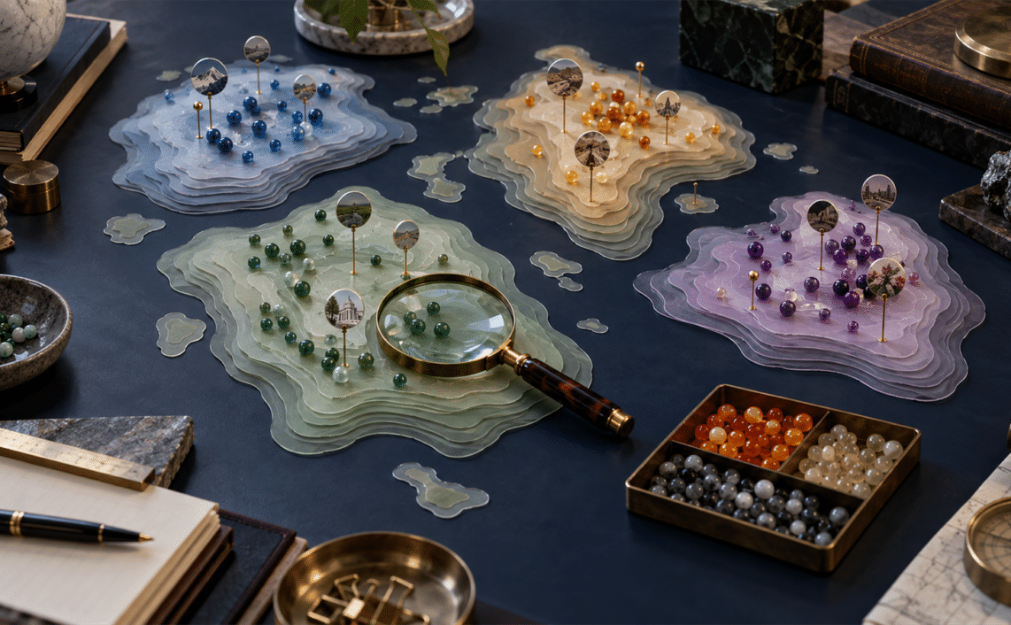 Layered translucent topic islands with citation pins, query beads and an opportunity tray are arranged on a dark research table.
