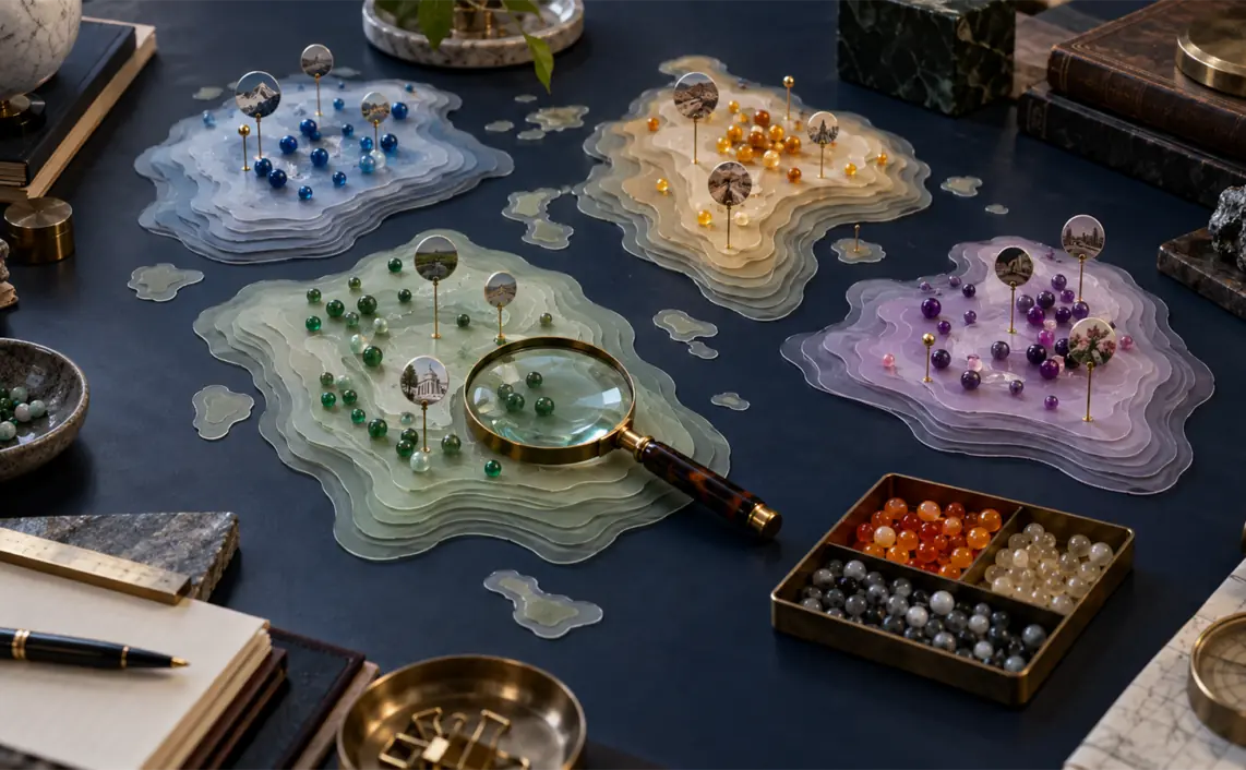 Layered translucent topic islands with citation pins, query beads and an opportunity tray are arranged on a dark research table.