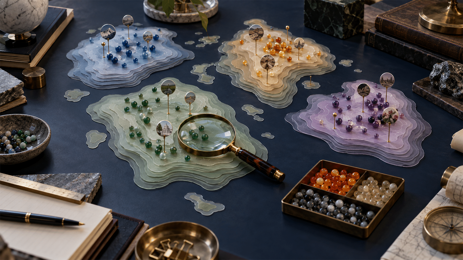 Layered translucent topic islands with citation pins, query beads and an opportunity tray are arranged on a dark research table.