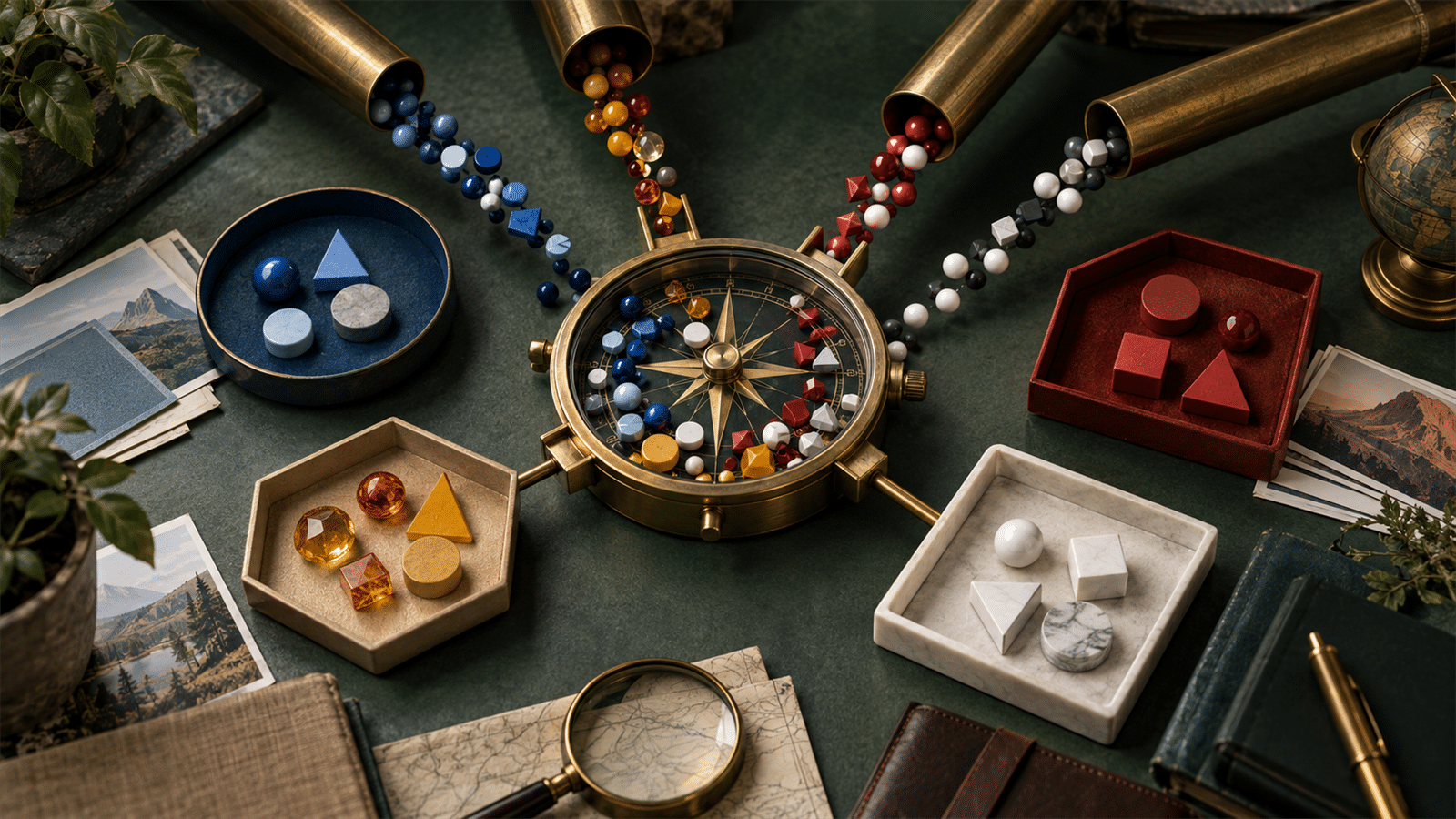 Colored signal beads flow through brass tubes into a compass with decision trays for interpreting buyer context.