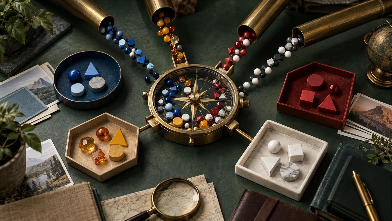 Colored signal beads flow through brass tubes into a compass with decision trays for interpreting buyer context.