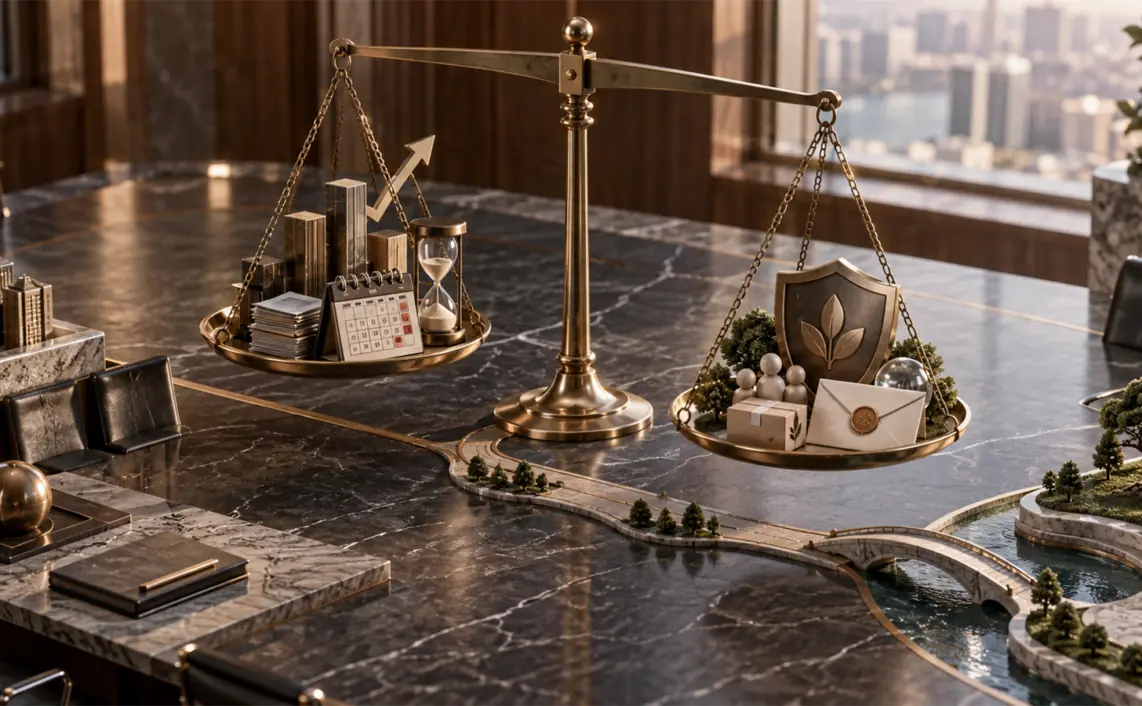 A brass balance scale weighs boardroom growth tokens against customer trust objects on a miniature marble strategy table.