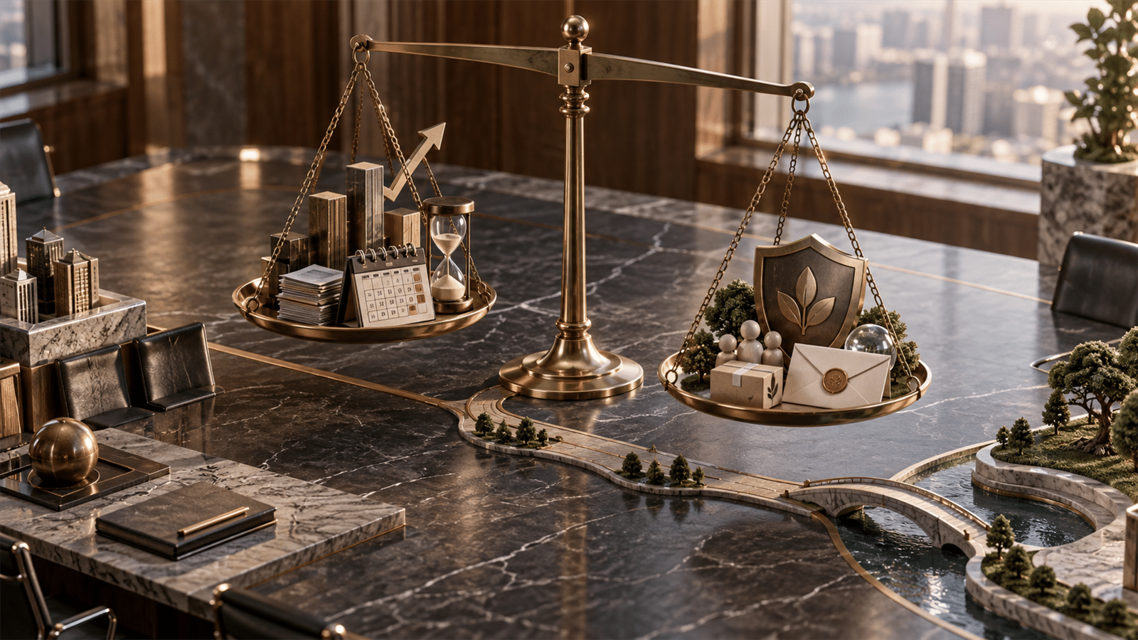 A brass balance scale weighs boardroom growth tokens against customer trust objects on a miniature marble strategy table.