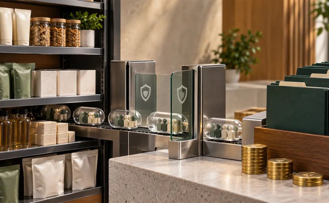 A retail shelf, sealed audience capsules and contract folders show controlled data sharing between a retailer and a brand.