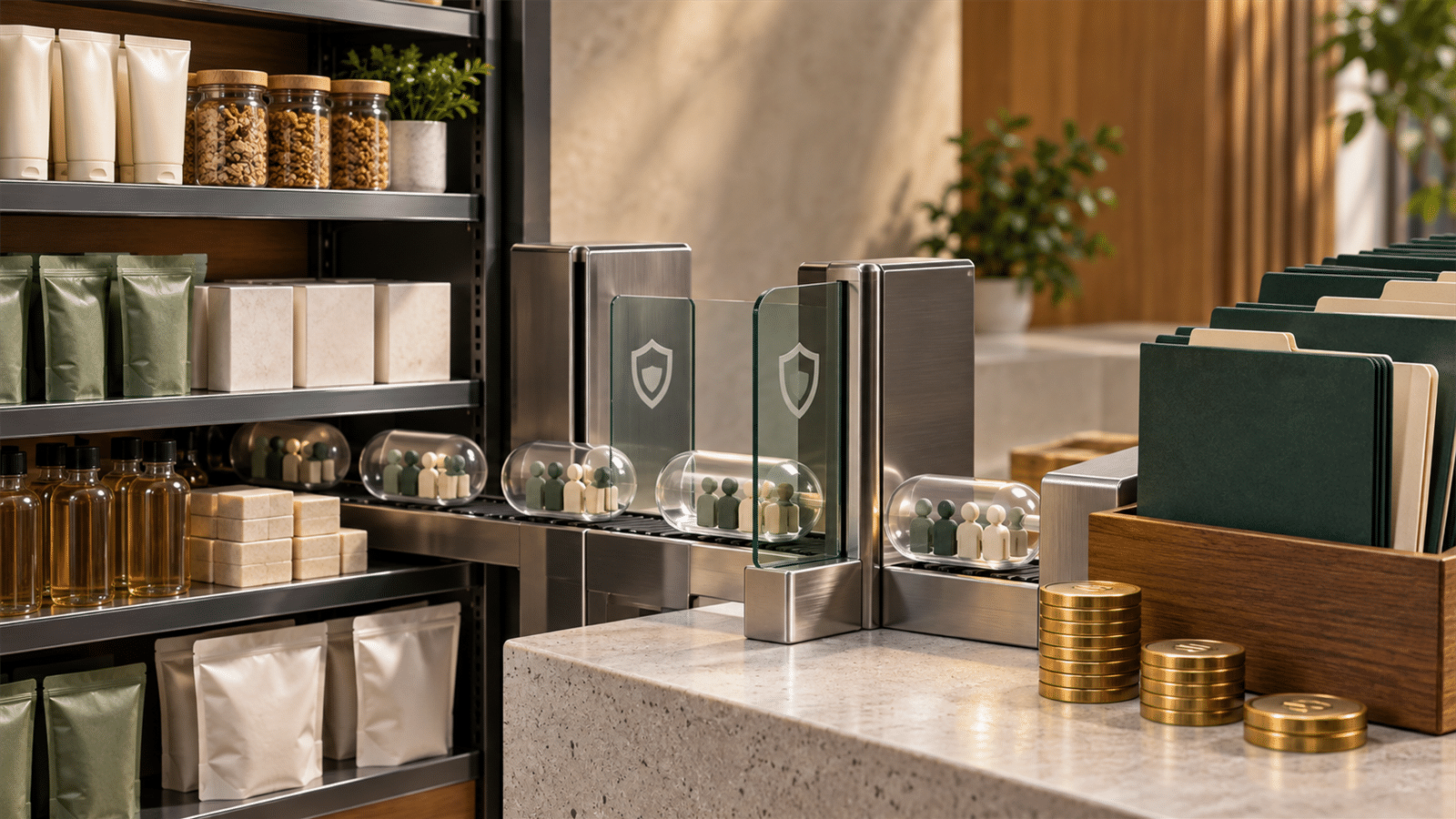 A retail shelf, sealed audience capsules and contract folders show controlled data sharing between a retailer and a brand.