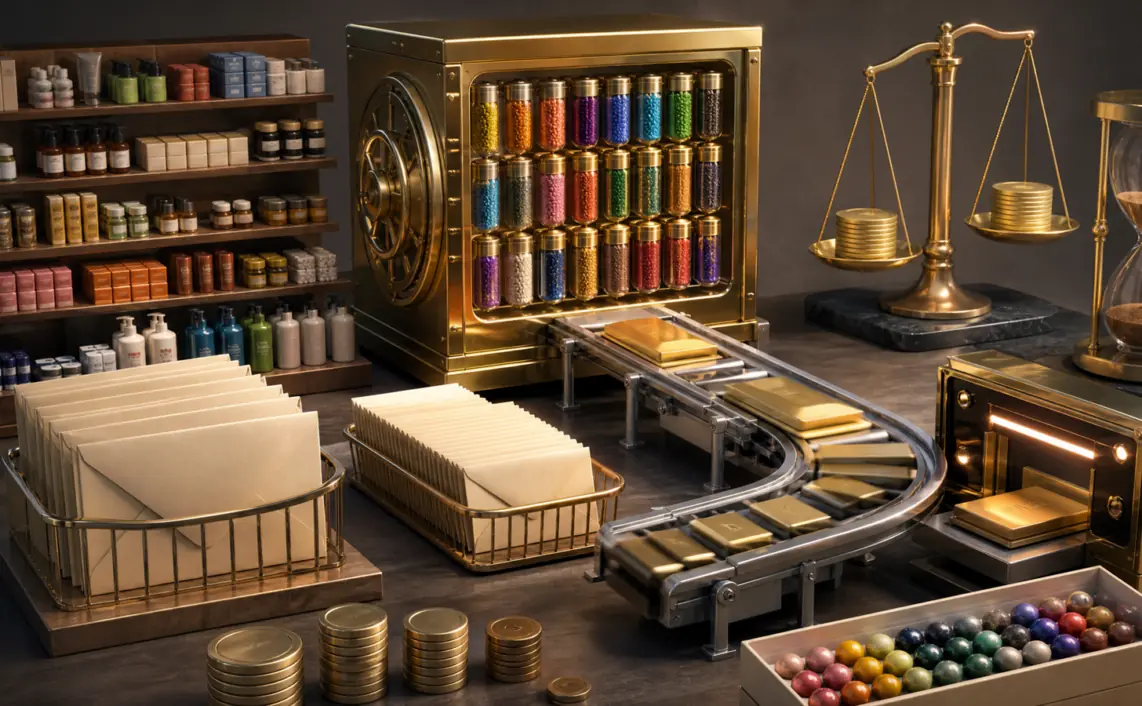 A retail media operations bench with colorful audience capsules, product shelves, a fulfillment rail, an hourglass and a gold value scale.