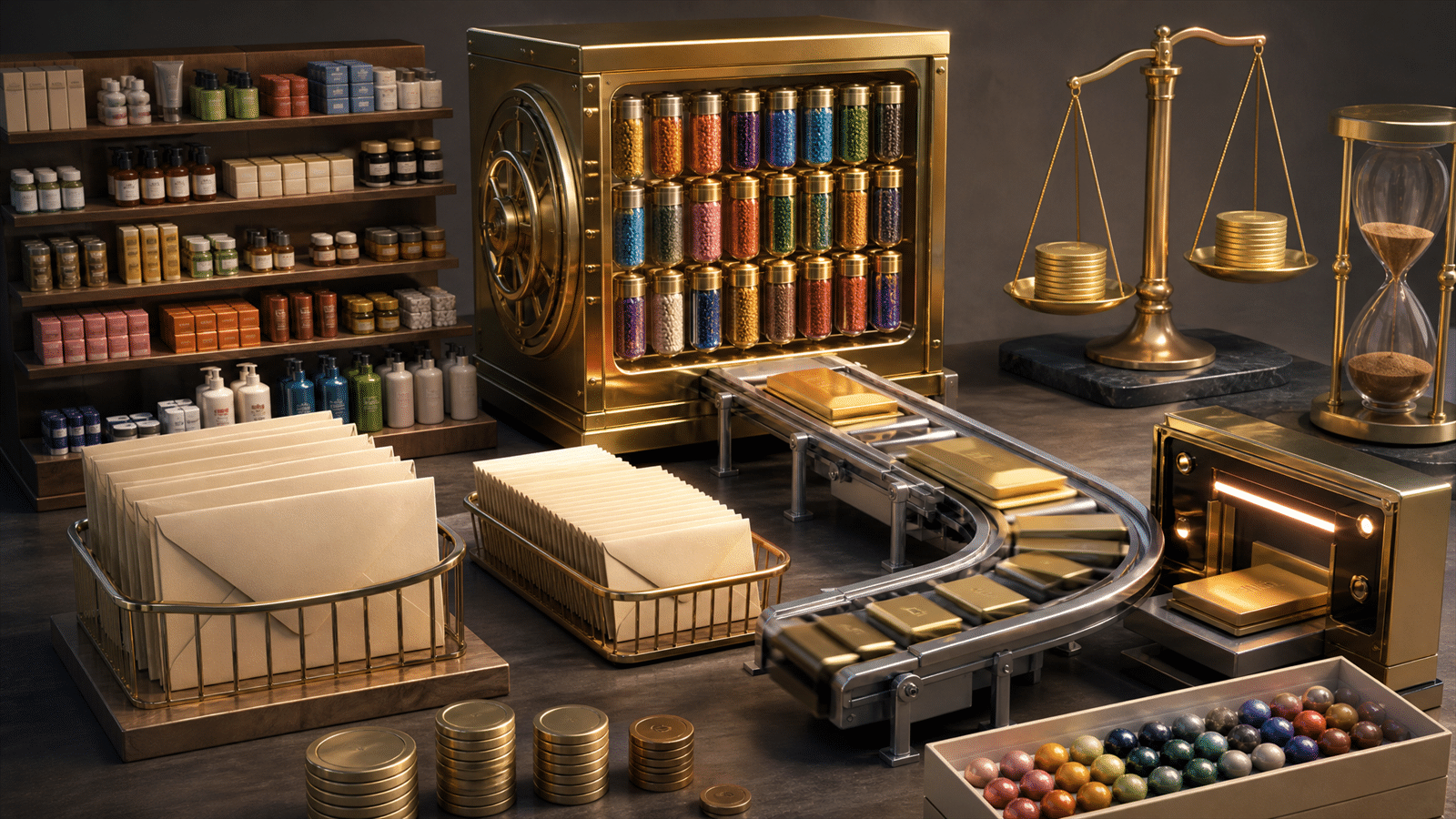 A retail media operations bench with colorful audience capsules, product shelves, a fulfillment rail, an hourglass and a gold value scale.