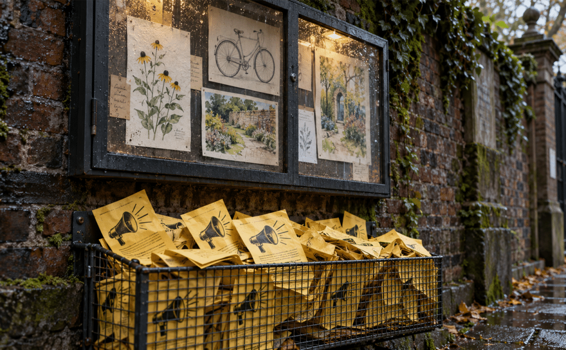 Repeated yellow promotional flyers fill a wire basket beneath protected original drawings on a rain-wet community noticeboard.