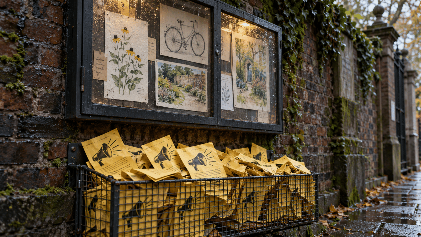 Repeated yellow promotional flyers fill a wire basket beneath protected original drawings on a rain-wet community noticeboard.