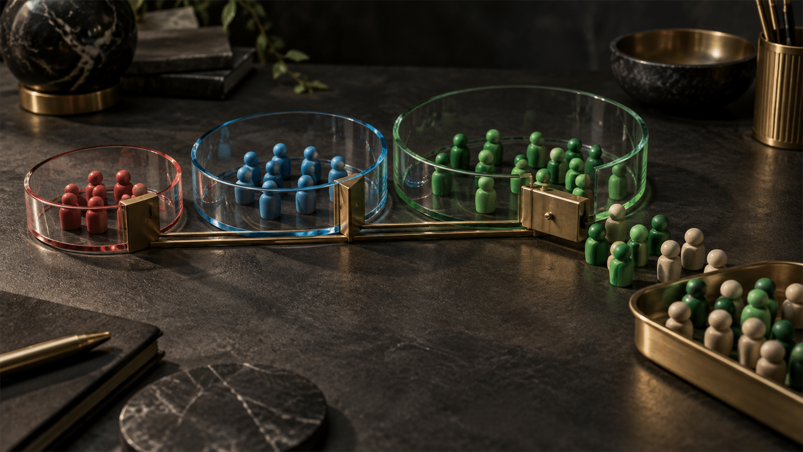 Colored audience tokens sit inside transparent glass rings while a brass boundary gate opens toward extra reach tokens.