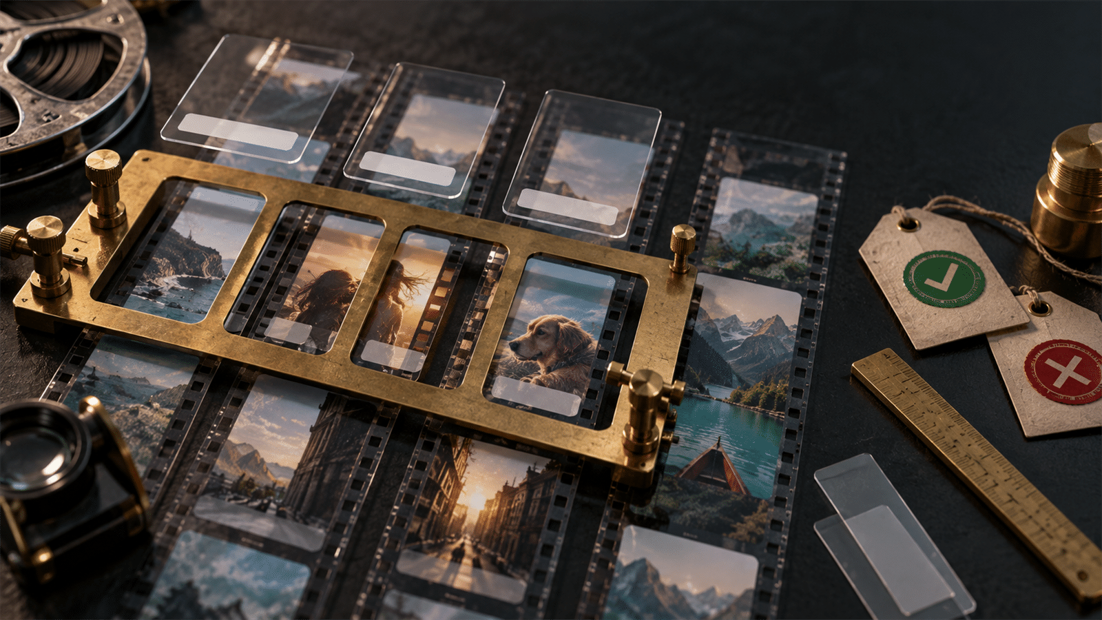 A brass film inspection table places blank text-overlay plates over video strips to show creative control in Demand Gen ads.