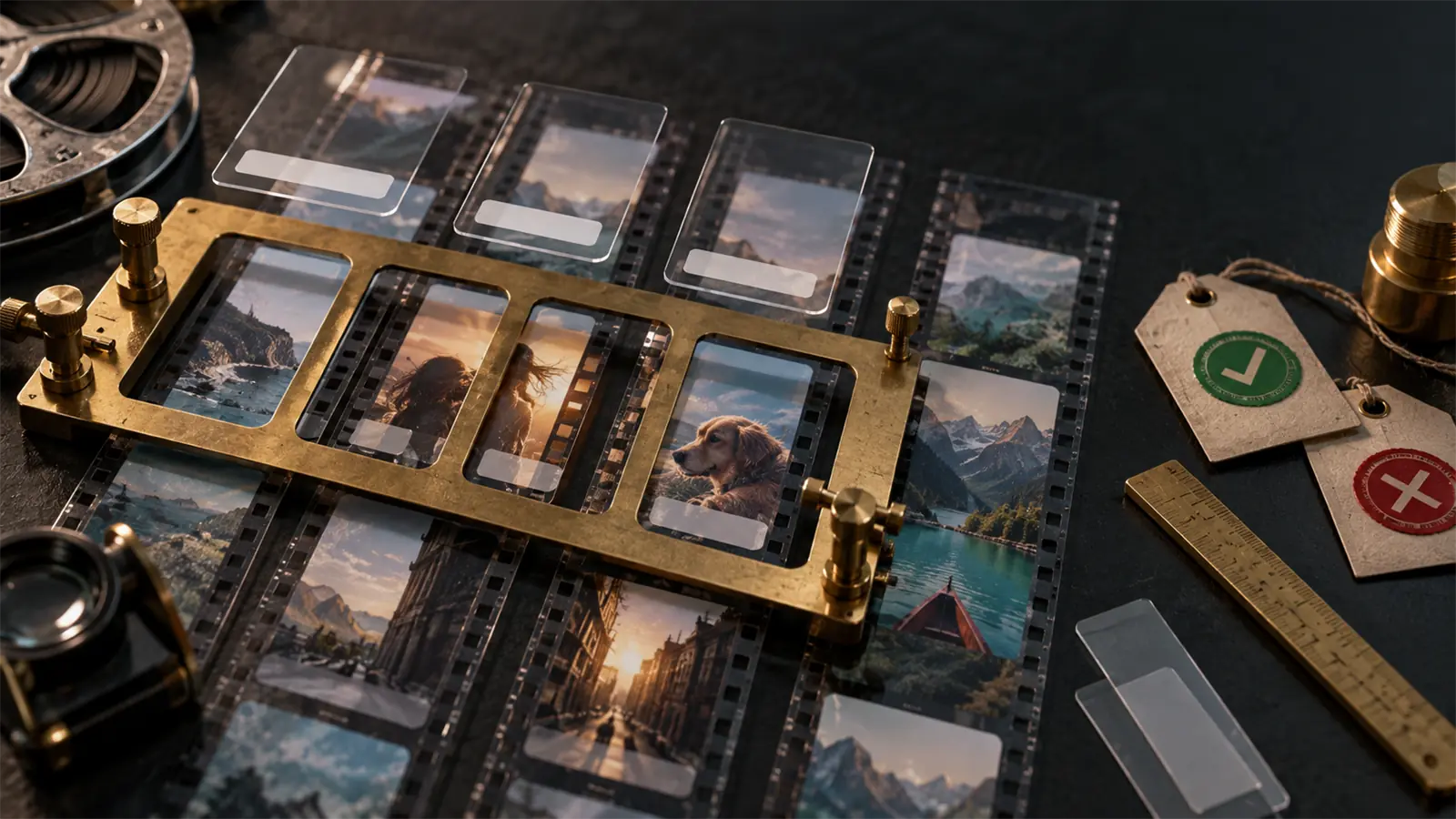 A brass film inspection table places blank text-overlay plates over video strips to show creative control in Demand Gen ads.