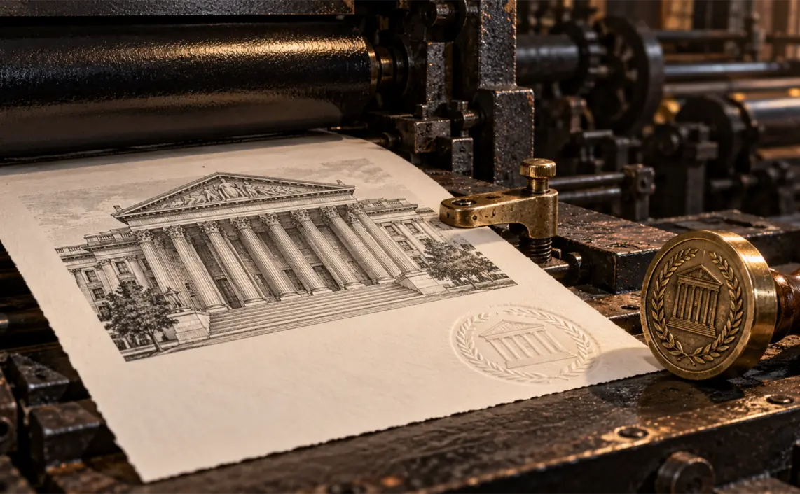 A bank engraving is held in a letterpress beside a brass release latch and an embossed authorization seal.