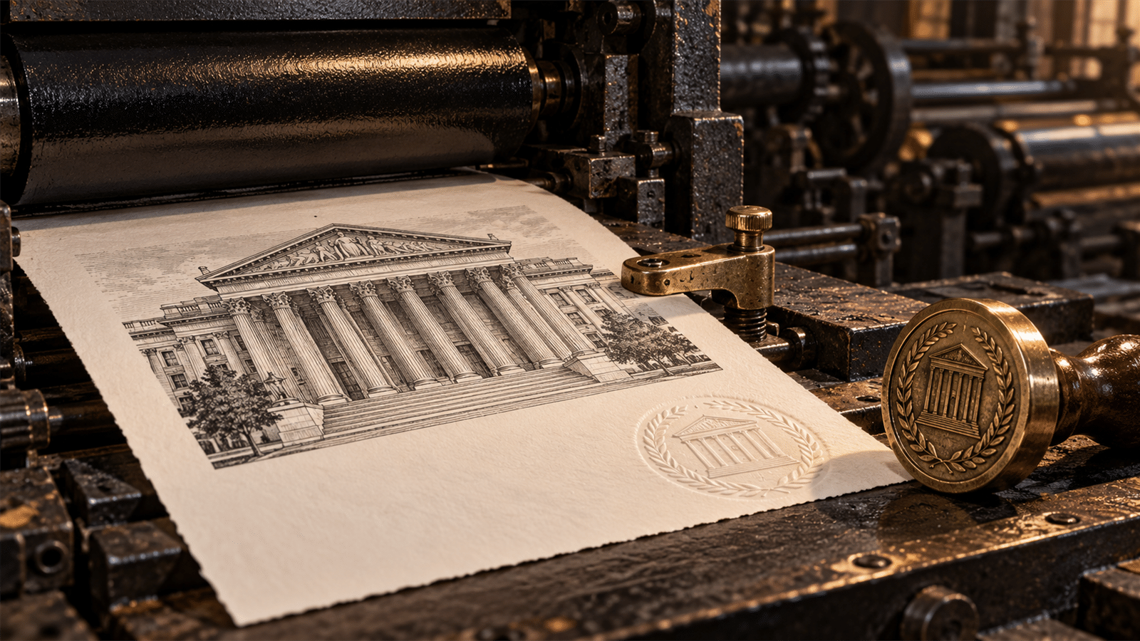 A bank engraving is held in a letterpress beside a brass release latch and an embossed authorization seal.