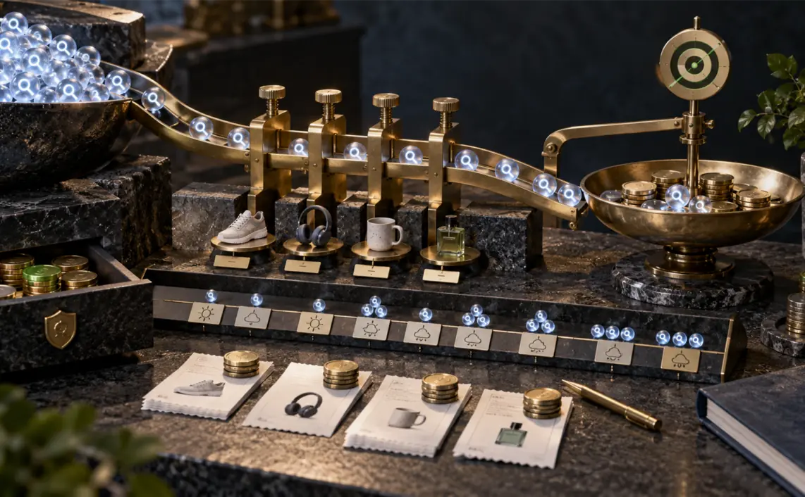 A dark stone media-planning workbench with glowing demand signals moving through brass budget gates into a profit-threshold scale.