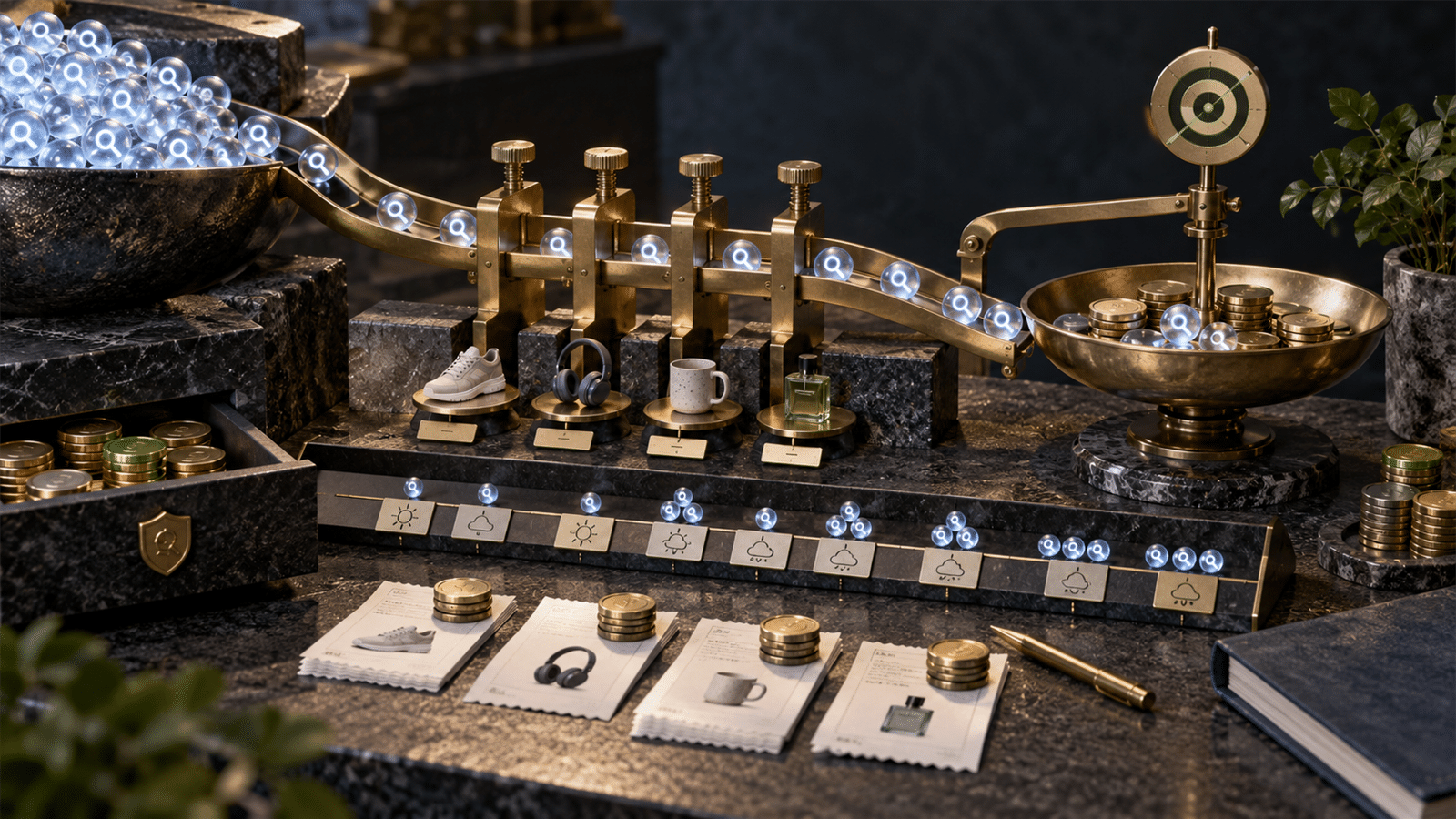 A dark stone media-planning workbench with glowing demand signals moving through brass budget gates into a profit-threshold scale.