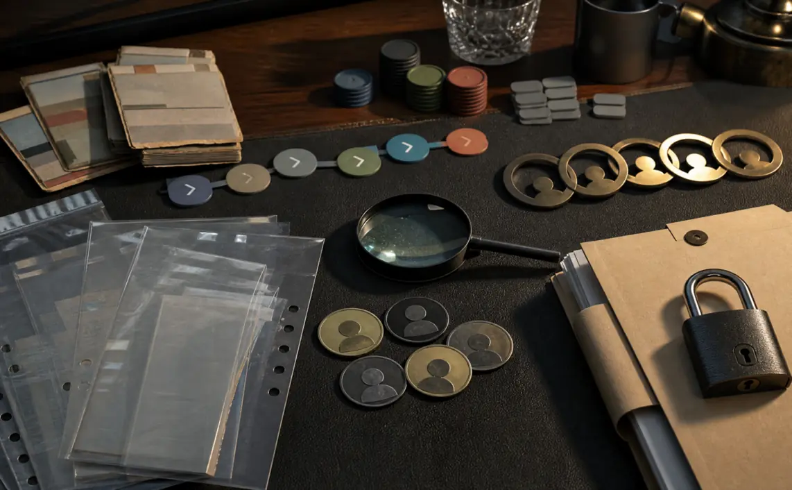 A forensic advertising audit table with old ad fragments, redirect tokens, account rings, a magnifying lens, document sleeves and a locked evidence folder.