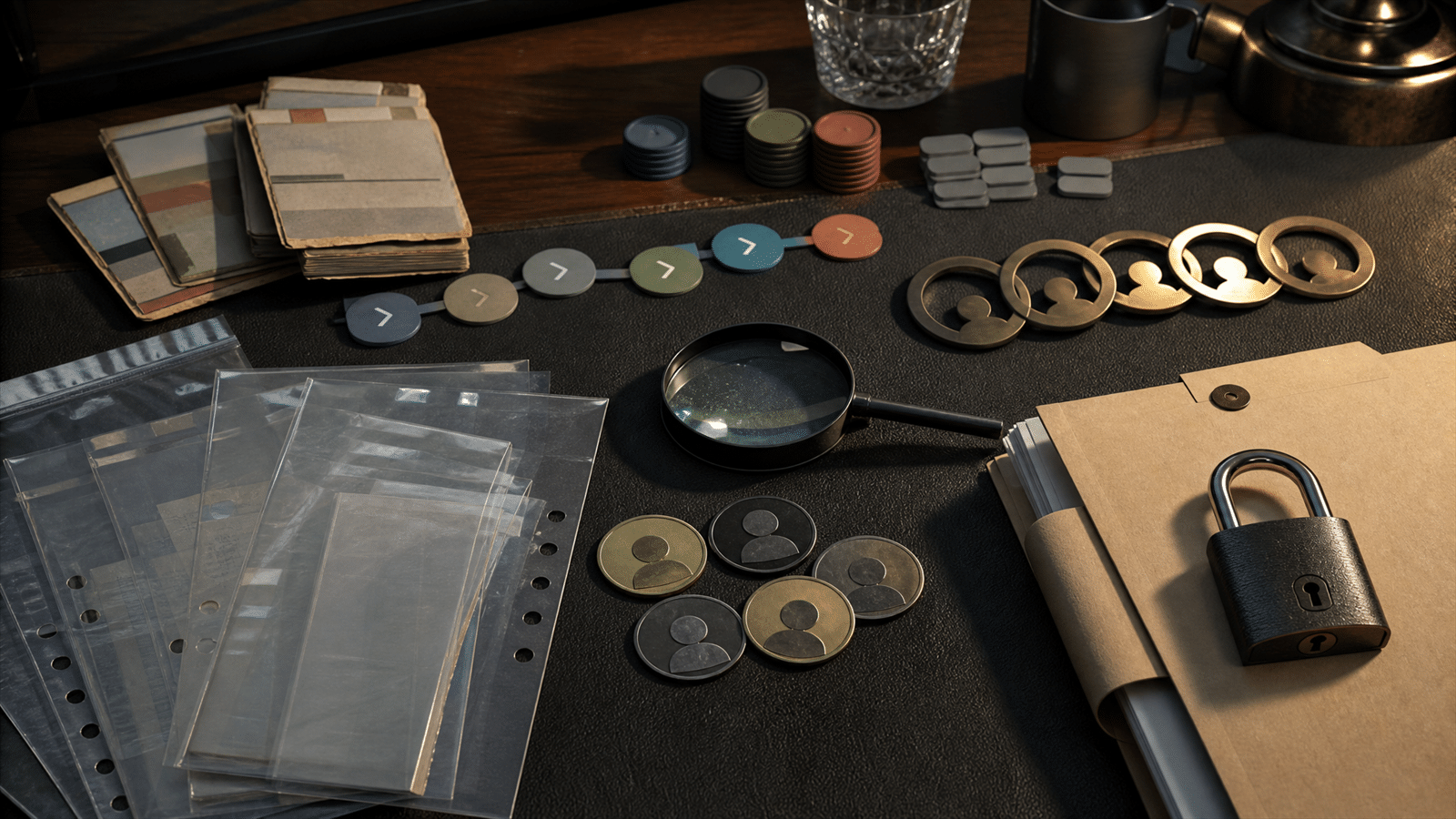 A forensic advertising audit table with old ad fragments, redirect tokens, account rings, a magnifying lens, document sleeves and a locked evidence folder.