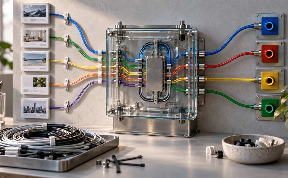 A transparent relay box routes colored website data cables directly into destination sockets while unused cable loops sit aside.