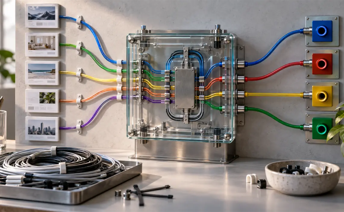 A transparent relay box routes colored website data cables directly into destination sockets while unused cable loops sit aside.