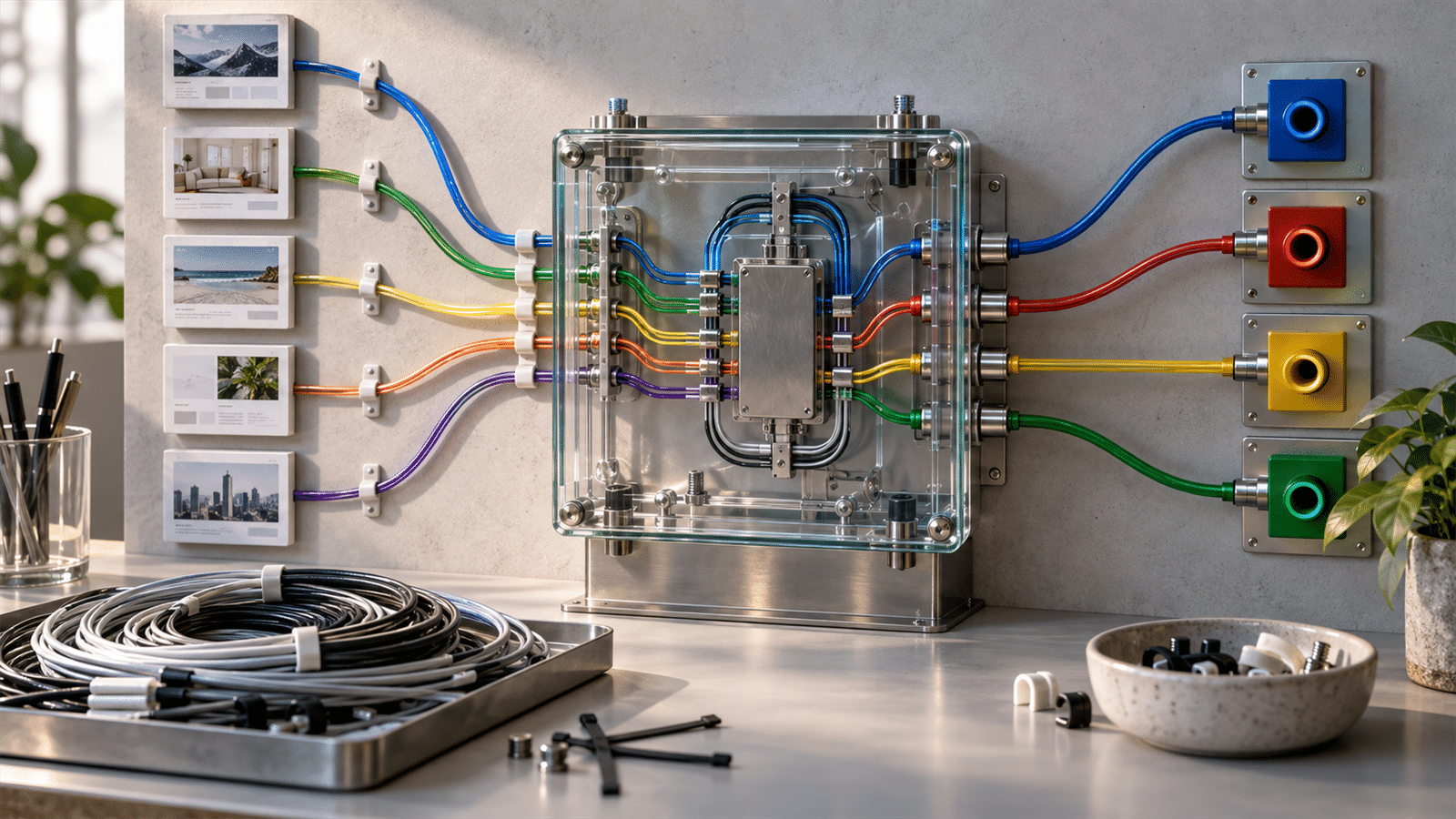 A transparent relay box routes colored website data cables directly into destination sockets while unused cable loops sit aside.