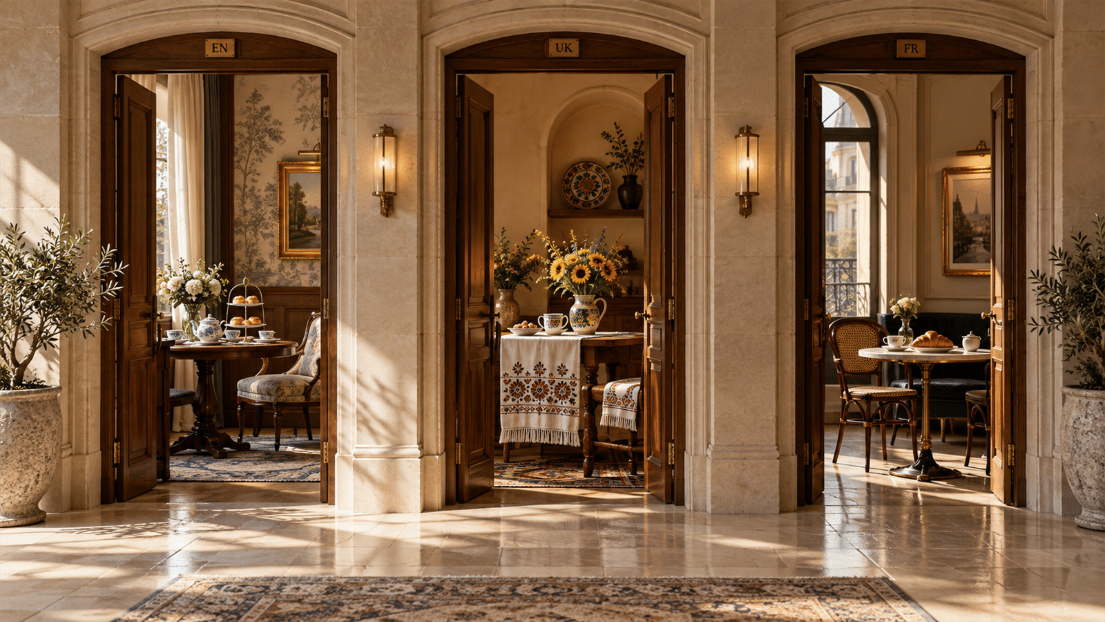 Three open doors marked EN, UK and FR reveal distinct tea, Ukrainian ceramic and French coffee settings in a sunlit corridor.
