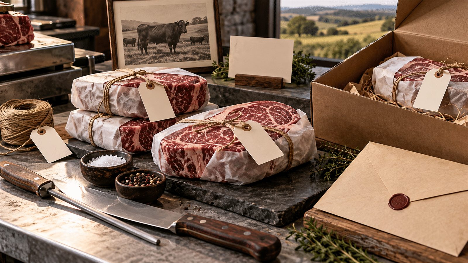 A premium butcher counter with origin cards, craft tools and a direct-mail envelope shows heritage translated into proof.