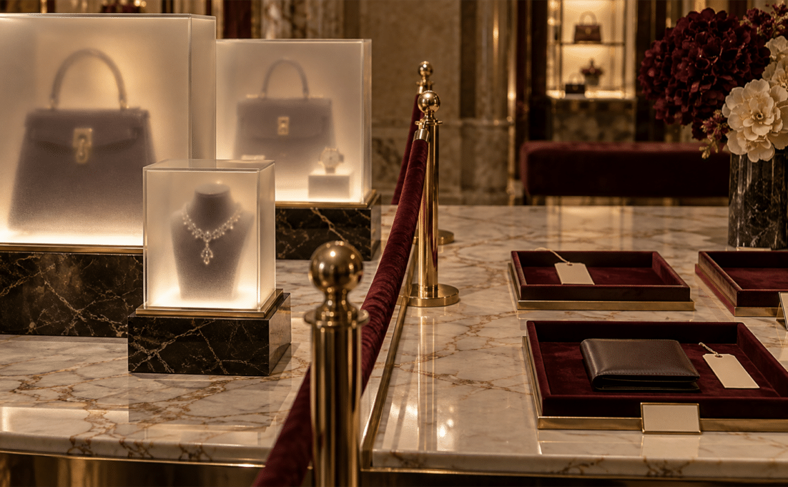 Frosted luxury display cases sit behind a velvet rope while empty trays, blank tags and a closed wallet remain outside the barrier.