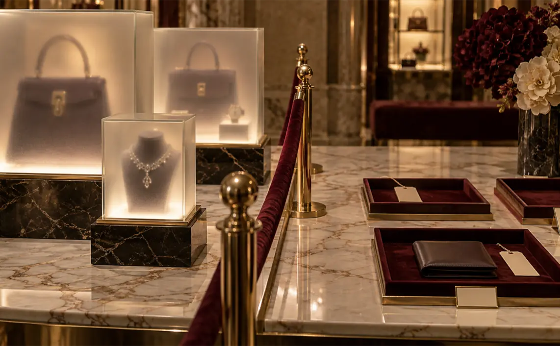 Frosted luxury display cases sit behind a velvet rope while empty trays, blank tags and a closed wallet remain outside the barrier.
