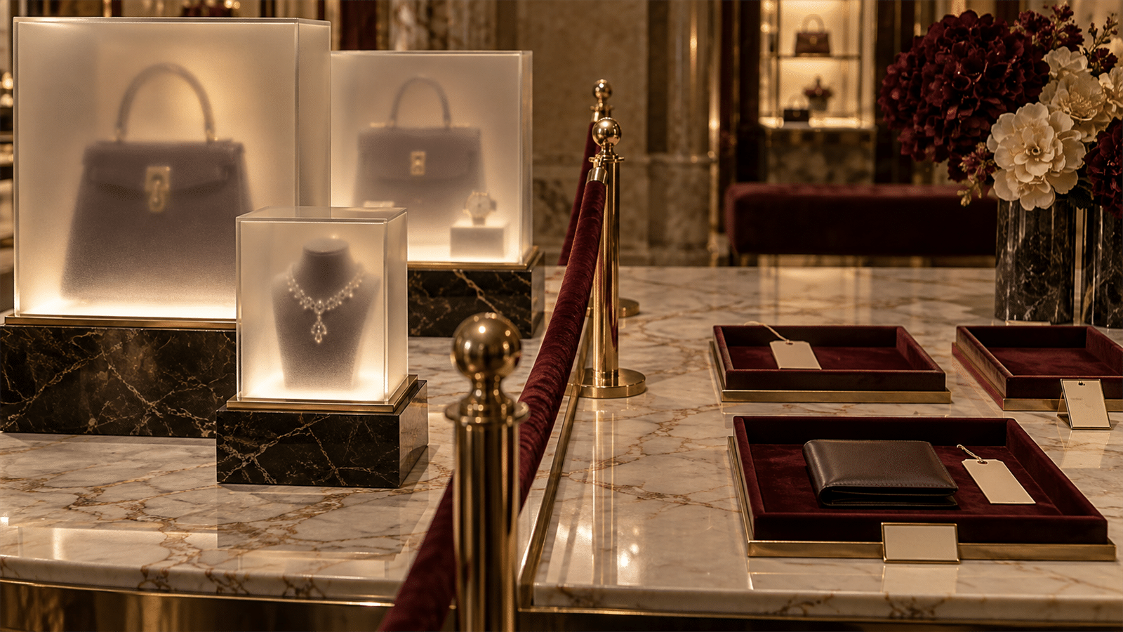 Frosted luxury display cases sit behind a velvet rope while empty trays, blank tags and a closed wallet remain outside the barrier.