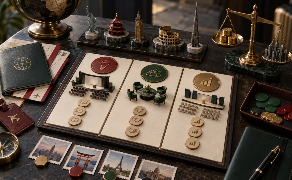 A dark travel-planning table holds city miniatures, blank conference badges, a passport sleeve, tokens and a brass budget scale.